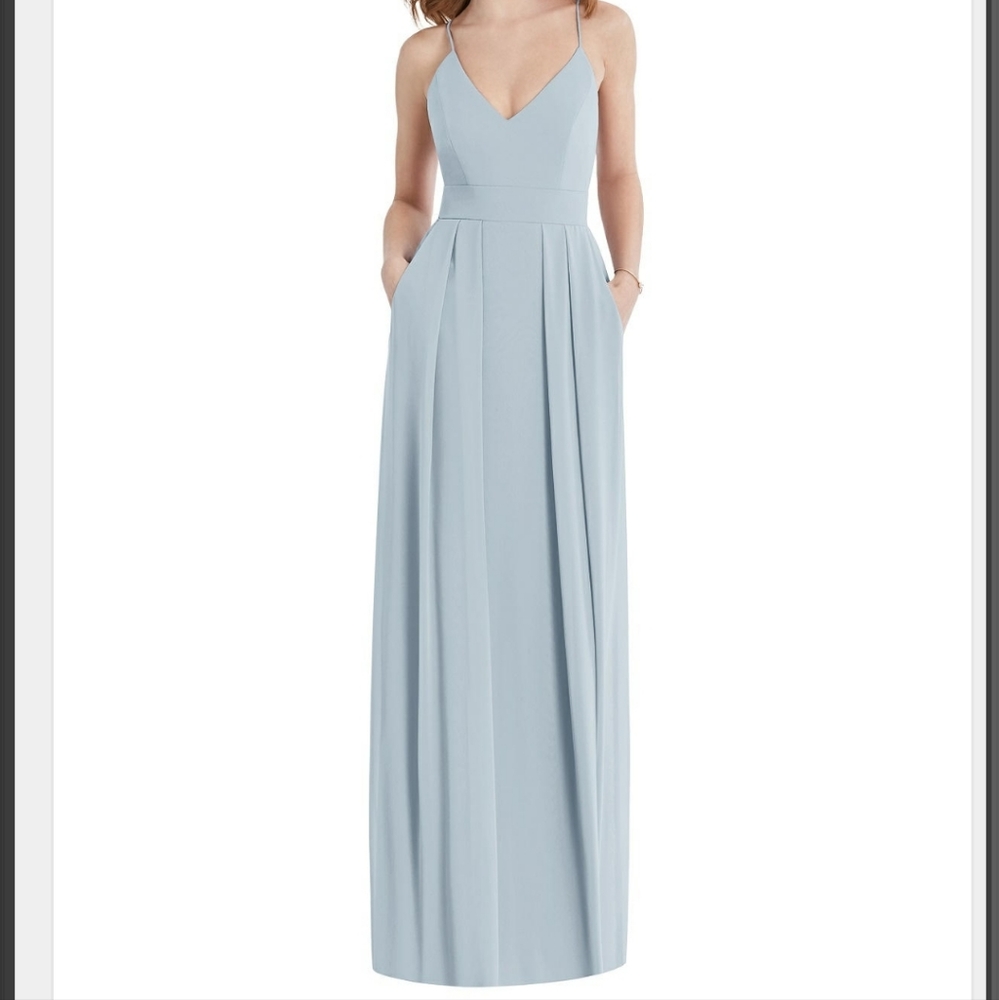 Dessy Pleated Skirt Crepe Maxi Dress with Pockets in Platinum in Size 14